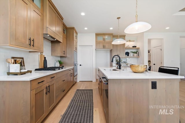 kitchen with light wood finished floors, tasteful backsplash, appliances with stainless steel finishes, light countertops, and a sink