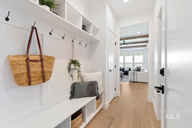 mudroom featuring light wood-type flooring and recessed lighting