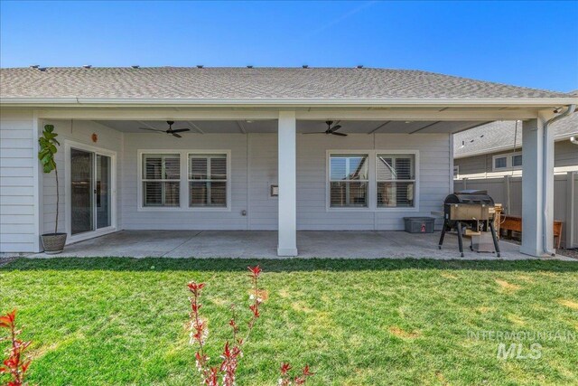 18272 N Wild Goose Ave, Nampa, ID 83687 - rear view of property with a ceiling fan, a patio, and roof with shingles