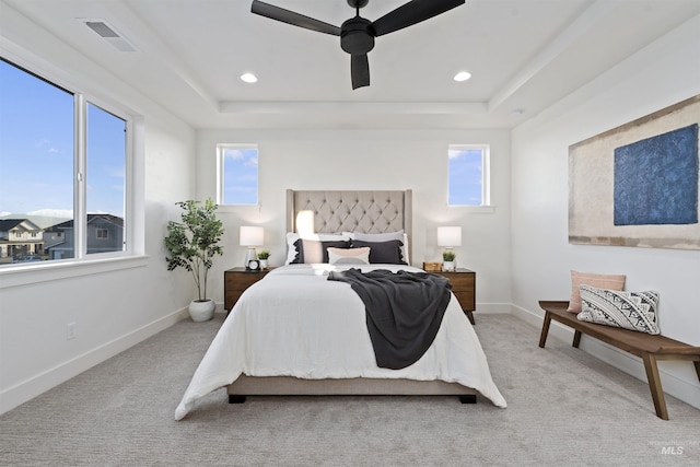 7766 W Daybreak Run Ct, Meridian, ID 83646 - bedroom with carpet floors, a tray ceiling, ceiling fan, and recessed lighting