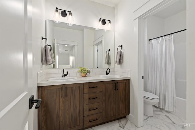 7766 W Daybreak Run Ct, Meridian, ID 83646 - full bathroom with double vanity, marble finish flooring, backsplash, and shower / bath combination with curtain