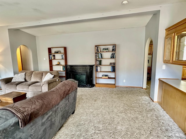 1089 Wallen Rd, Moscow, ID 83843 - living area featuring arched walkways, a glass covered fireplace, light colored carpet, and beamed ceiling