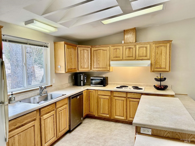 1089 Wallen Rd, Moscow, ID 83843 - kitchen with stainless steel dishwasher, white electric stovetop, vaulted ceiling, under cabinet range hood, and black microwave