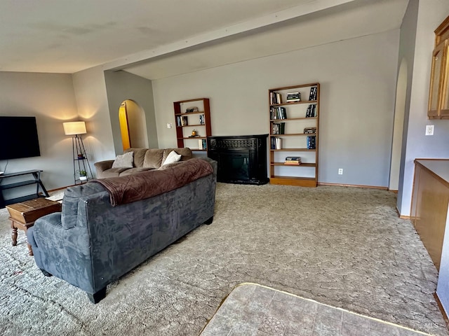 1089 Wallen Rd, Moscow, ID 83843 - carpeted living area featuring arched walkways, beam ceiling, and a glass covered fireplace