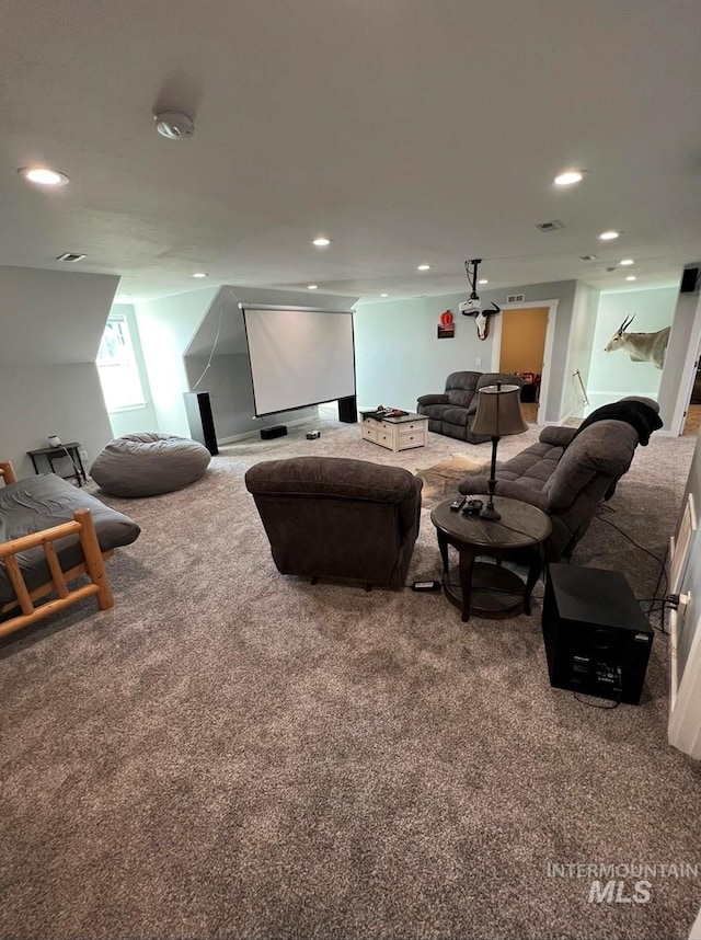 carpeted cinema room featuring recessed lighting