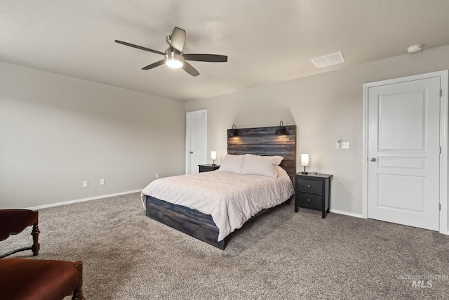 carpeted bedroom with ceiling fan