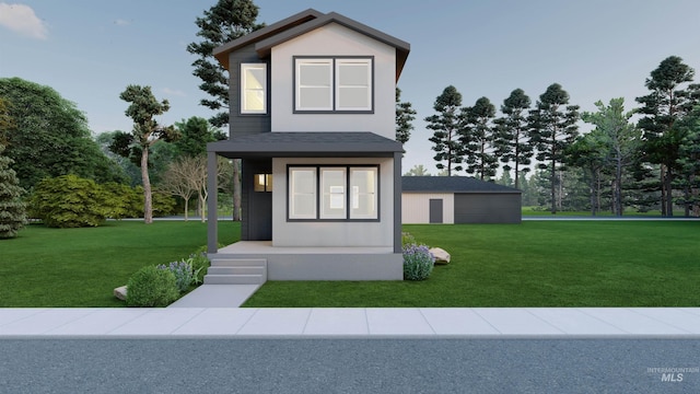 contemporary house with a front lawn, a porch, and stucco siding