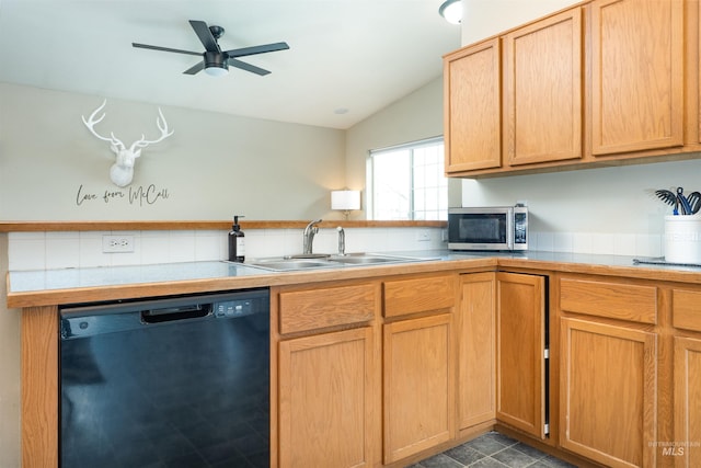 406 Margaret Way, Mccall, ID 83638 - kitchen with dishwasher, stainless steel microwave, lofted ceiling, a sink, and a ceiling fan