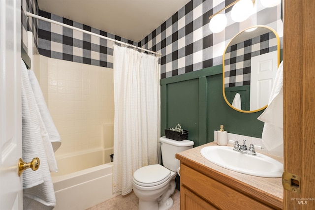 406 Margaret Way, Mccall, ID 83638 - full bathroom with wallpapered walls, toilet, shower / bathtub combination with curtain, vanity, and tile patterned flooring
