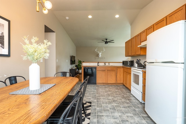 406 Margaret Way, Mccall, ID 83638 - kitchen featuring white appliances, a sink, a peninsula, ceiling fan, and under cabinet range hood