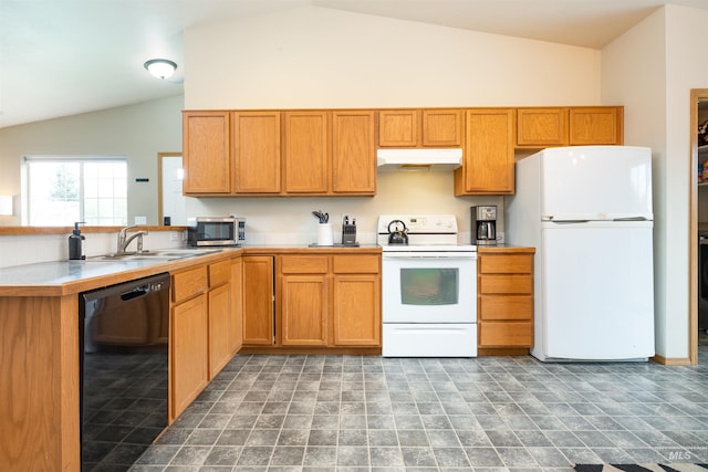 406 Margaret Way, Mccall, ID 83638 - kitchen with white appliances, under cabinet range hood, a peninsula, light countertops, and a sink