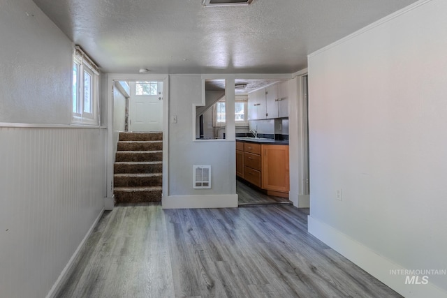 kitchen with plenty of natural light, a textured ceiling, and light wood-type flooring