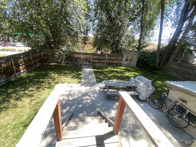 view of yard featuring a patio and a shed