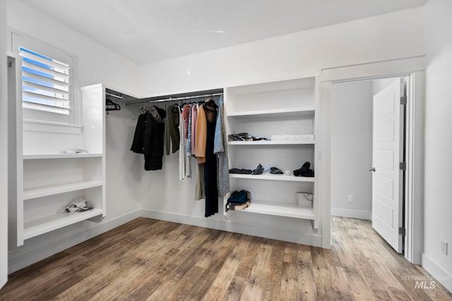 walk in closet with wood finished floors