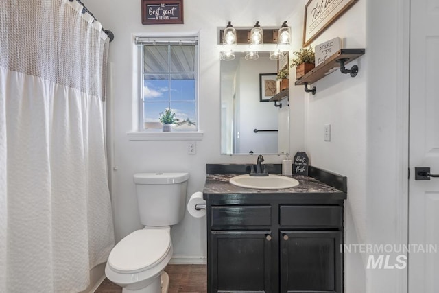 bathroom featuring vanity, toilet, and walk in shower