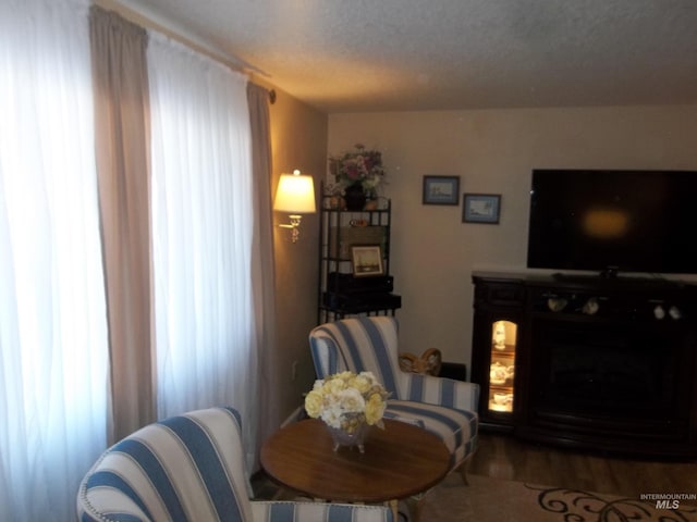 living area with hardwood / wood-style flooring and a textured ceiling