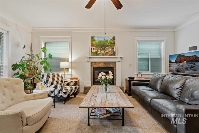 3931 N Park Crossing Ave, Meridian, ID 83646 - living area with carpet, crown molding, a ceiling fan, and a fireplace