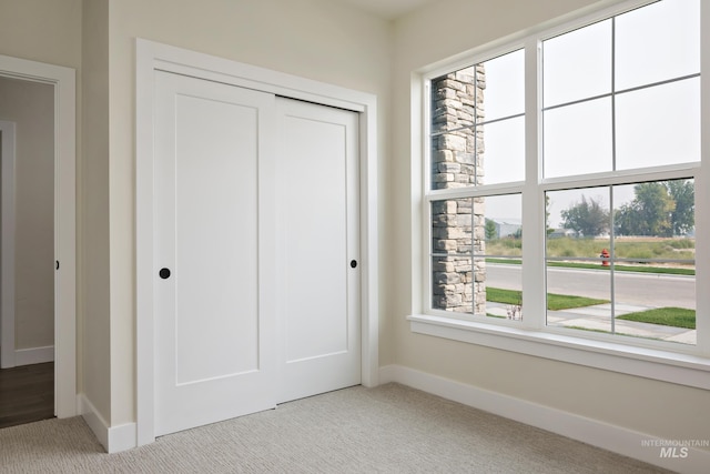 interior space with light carpet, multiple windows, and a closet