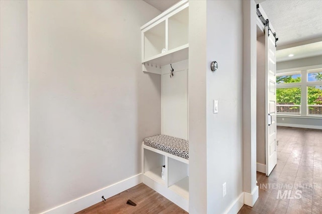 3303 S Island Fox Ave, Eagle, ID 83616 - mudroom with baseboards, a barn door, and wood finished floors