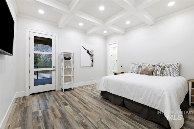 bedroom featuring coffered ceiling, hardwood / wood-style floors, access to exterior, and beam ceiling