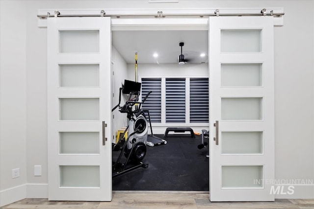 exercise room with hardwood / wood-style flooring