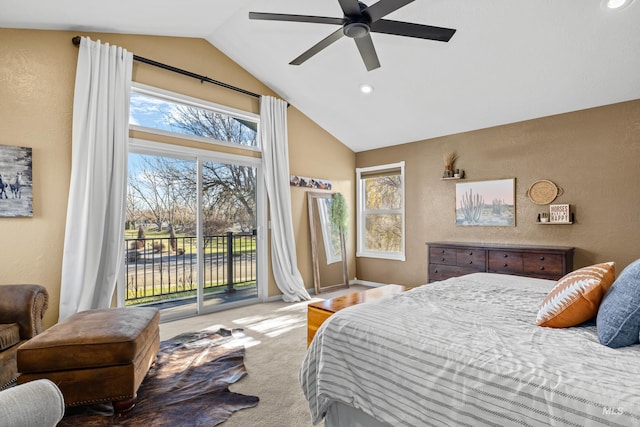 bedroom with carpet, ceiling fan, access to outside, and vaulted ceiling