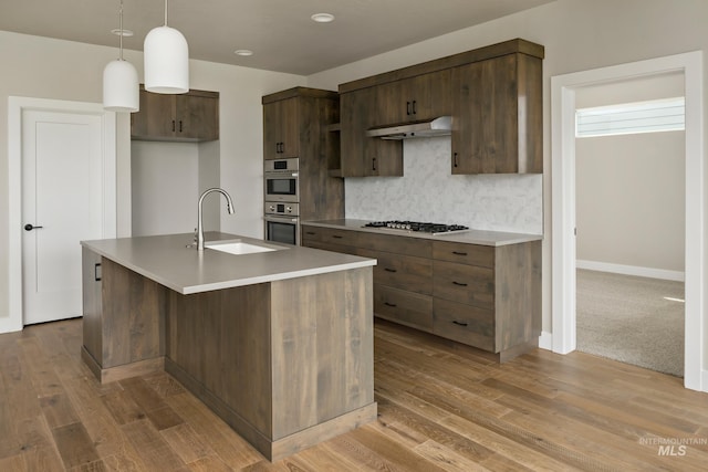 7017 S Zenith Ave, Meridian, ID 83642 - kitchen featuring under cabinet range hood, decorative backsplash, a sink, and wood finished floors