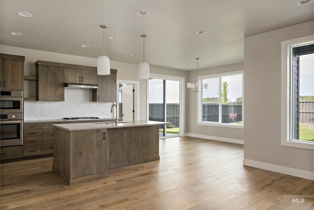 7017 S Zenith Ave, Meridian, ID 83642 - kitchen with decorative backsplash, under cabinet range hood, light countertops, a sink, and stainless steel double oven