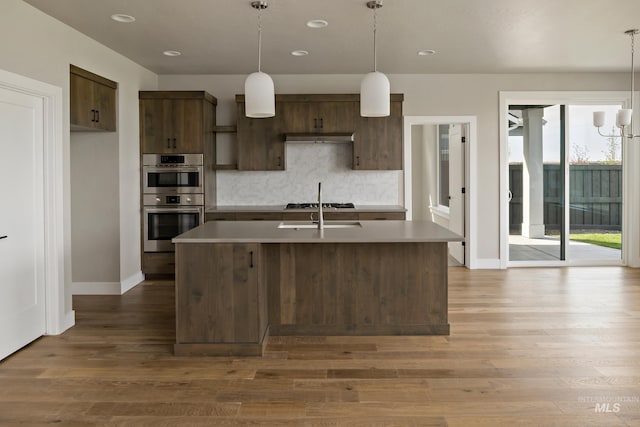 7017 S Zenith Ave, Meridian, ID 83642 - kitchen featuring tasteful backsplash, hanging light fixtures, wood finished floors, and stainless steel appliances