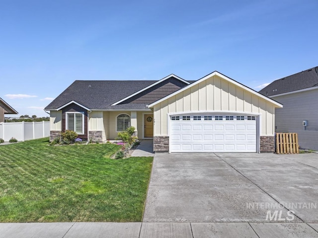 741 Gregory Way, Twin Falls, ID 83301 - craftsman house featuring stone siding, board and batten siding, a garage, driveway, and roof with shingles