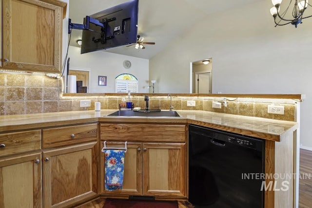 741 Gregory Way, Twin Falls, ID 83301 - kitchen featuring black dishwasher, a sink, lofted ceiling, ceiling fan, and backsplash