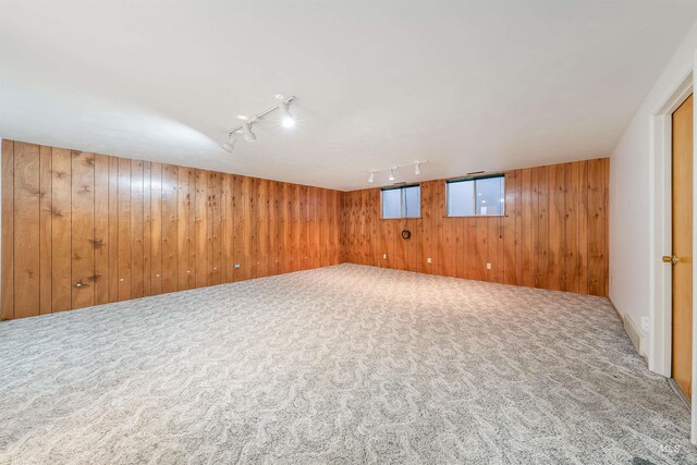 18822 Chicken Dinner Rd, Caldwell, ID 83607 - basement with wooden walls, carpet floors, and rail lighting