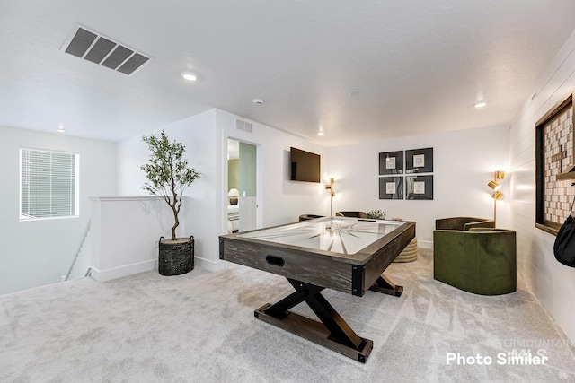 game room featuring carpet floors, recessed lighting, and visible vents