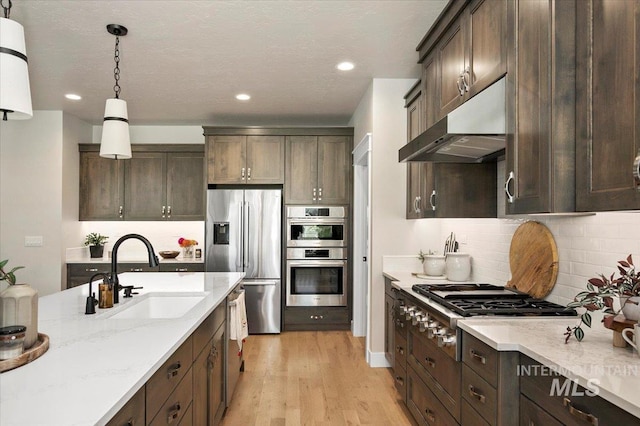 kitchen with dark brown cabinetry, under cabinet range hood, stainless steel appliances, and a sink