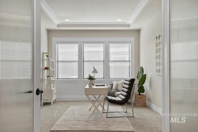 office featuring light carpet, recessed lighting, and baseboards