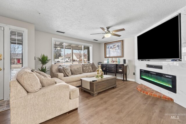 15201 Christopher, Caldwell, ID 83607 - living area with a ceiling fan, wood finished floors, a textured ceiling, and a glass covered fireplace
