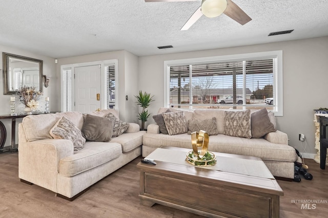 15201 Christopher, Caldwell, ID 83607 - living room featuring ceiling fan, a textured ceiling, wood finished floors, and baseboards