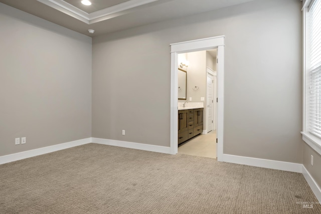6257 N Vicenza Ln, Meridian, ID 83646 - unfurnished bedroom featuring sink, a raised ceiling, light carpet, and connected bathroom