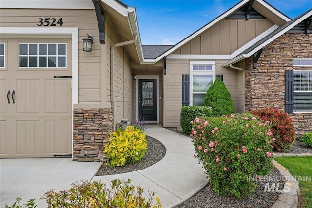 3524 Catalina Ave, Caldwell, ID 83605 - doorway to property with stone siding and board and batten siding