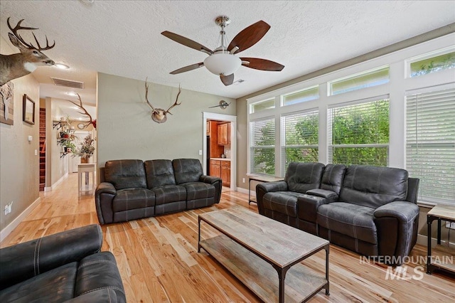 3524 Catalina Ave, Caldwell, ID 83605 - living area with light wood finished floors, healthy amount of natural light, a ceiling fan, a textured ceiling, and baseboards