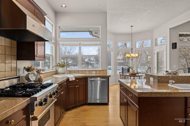 kitchen with ventilation hood, sink, hanging light fixtures, stainless steel appliances, and light hardwood / wood-style flooring