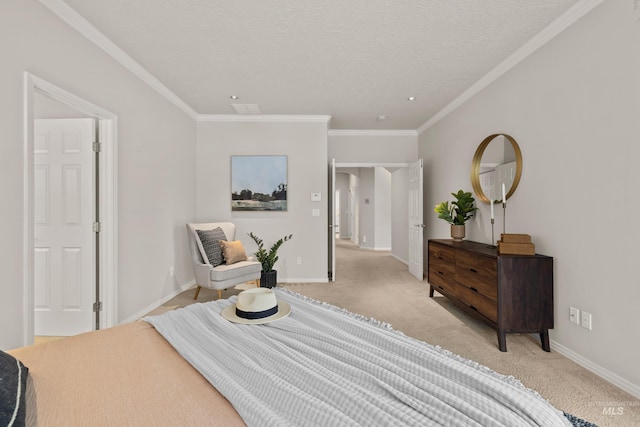 bedroom with crown molding and light colored carpet