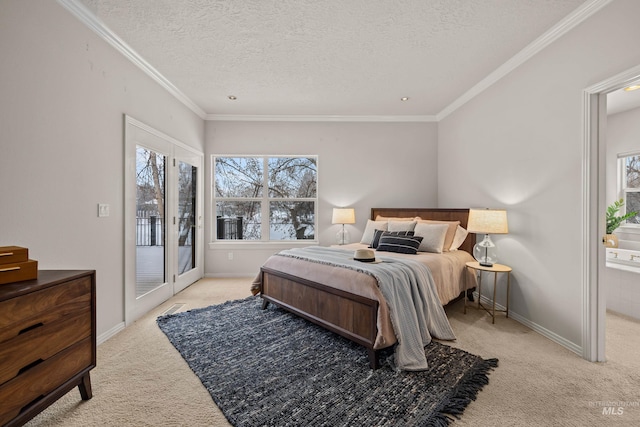 carpeted bedroom featuring ornamental molding, access to exterior, and a textured ceiling