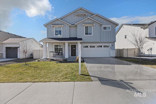 view of front of house with fence, a porch, concrete driveway, a garage, and board and batten siding