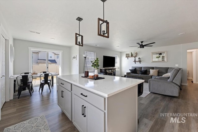 kitchen with plenty of natural light, dark wood-style floors, visible vents, and a center island