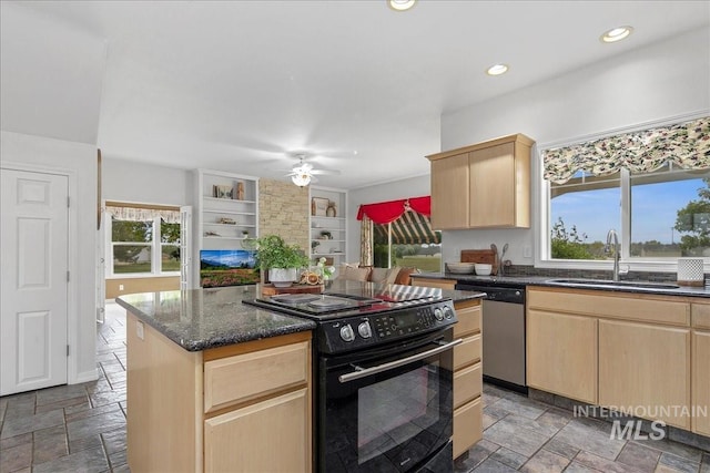 2021 W Ardell Rd, Kuna, ID 83634 - kitchen featuring black electric range oven, dishwasher, a sink, light brown cabinets, and recessed lighting