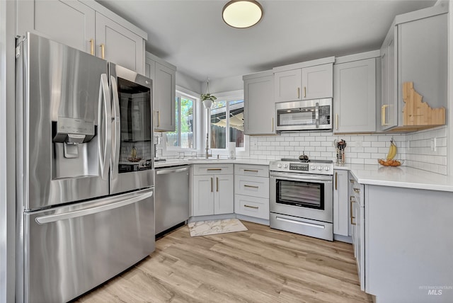 kitchen featuring appliances with stainless steel finishes, decorative backsplash, light countertops, light wood-type flooring, and gray cabinets