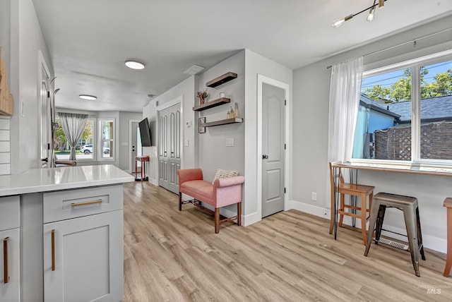 kitchen featuring light wood-type flooring, light countertops, baseboards, and gray cabinets
