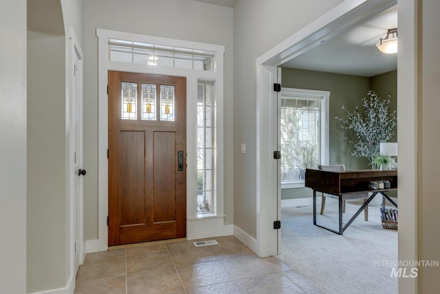 carpeted entrance foyer featuring a wealth of natural light