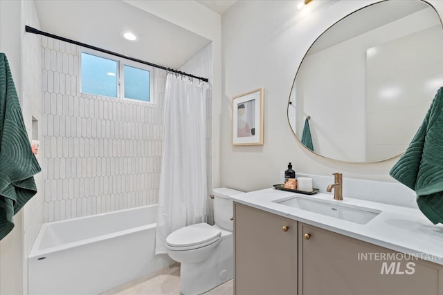 full bathroom featuring toilet, recessed lighting, vanity, and shower / bathtub combination with curtain